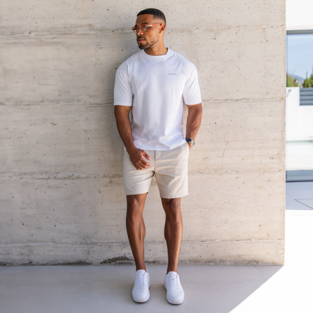 Bee Inspired Falcone Chino Short in Sand, regular fit chino shorts with branded button detailing, styled shot