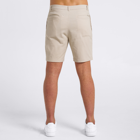 Bee Inspired Falcone Chino Short in Sand, regular fit chino shorts with branded button detailing, close-up