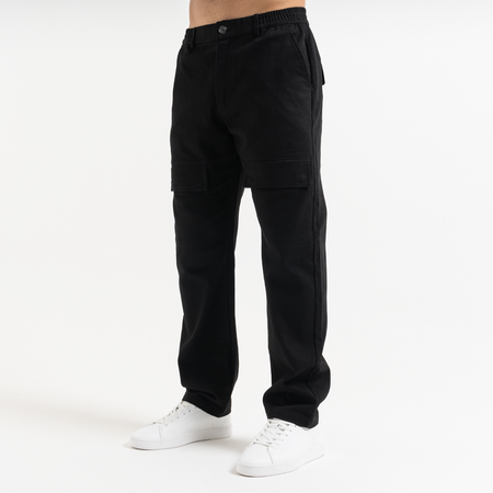 Bee Inspired Foden Cargo Pant in Black, cotton twill cargo trousers with front pockets and back branding, back view