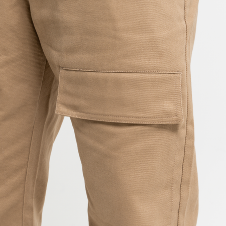 Bee Inspired Foden Cargo Pant in Taupe, cotton twill cargo trousers with front pockets and back branding, styled shot
