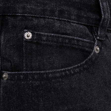 Bee Inspired Garnacho Jean Shorts in Washed Black, heavyweight denim shorts with rip detailing and a raw hem, front view