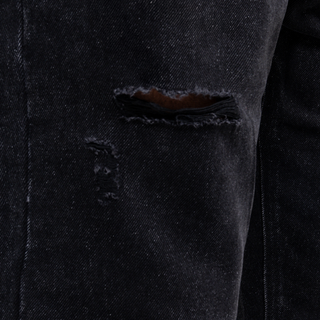 Bee Inspired Garnacho Jean Shorts in Washed Black, heavyweight denim shorts with rip detailing and a raw hem, close-up