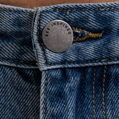 Bee Inspired Garnacho Relaxed Jeans in Mid Blue, heavyweight denim jeans with rip detailing for a worn-in look, front view