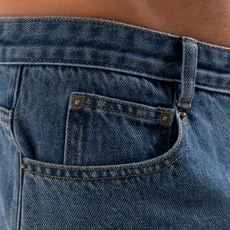 Bee Inspired Garnacho Relaxed Jeans in Mid Blue, heavyweight denim jeans with rip detailing for a worn-in look, back view