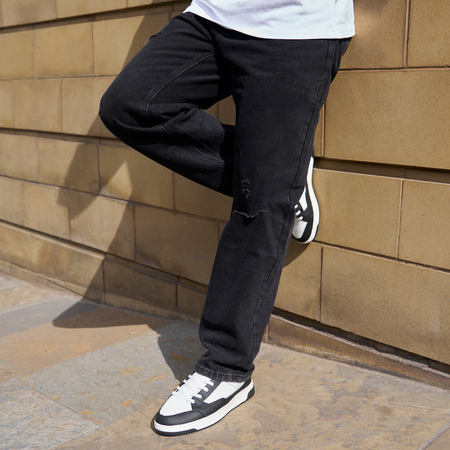 Bee Inspired Garnacho Relaxed Jeans in Washed Black, heavyweight denim jeans with rip detailing for a worn-in look