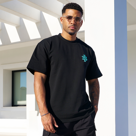 Bee Inspired Guedes Oversized T-Shirt in Black/Aqua, heavyweight cotton oversized tee with a ribbed crew neck