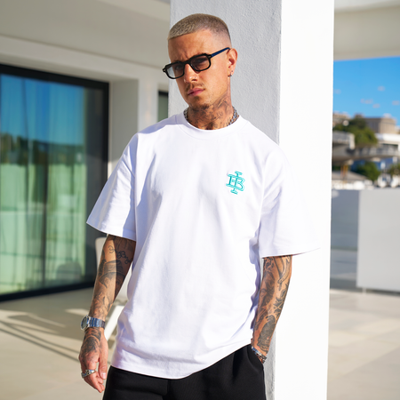 Bee Inspired Guedes Oversized T-Shirt in White/Aqua, heavyweight cotton oversized tee with a ribbed crew neck