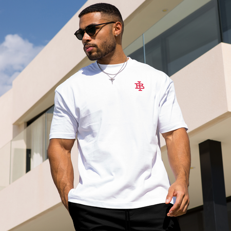 Bee Inspired Guedes T-Shirt in White/Red, relaxed fit tee with the Guedes graphic print, styled shot