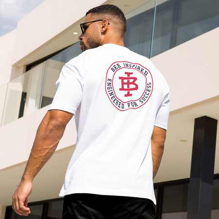 Bee Inspired Guedes T-Shirt in White/Red, relaxed fit tee with the Guedes graphic print, front view