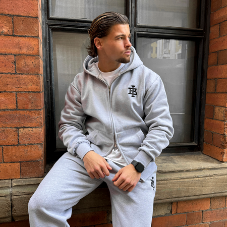 Bee Inspired Guedes Jogpant in Grey Marl, jogpants with a clean embroidered BI monogram, styled lifestyle shot