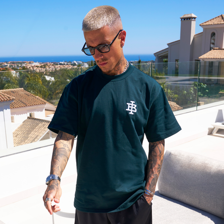 Bee Inspired Guedes Oversized T-Shirt in Pine Green, heavyweight cotton oversized tee with a ribbed crew neck, front view