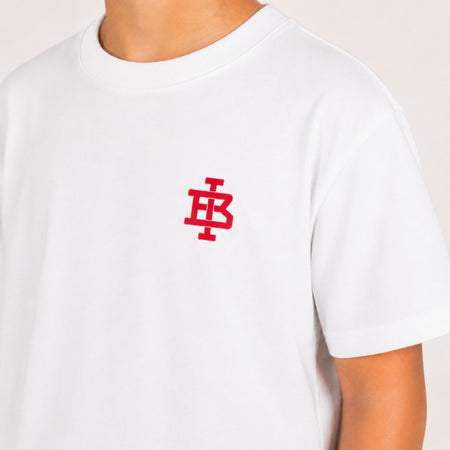 Bee Inspired Junior Guedes T-Shirt in White, relaxed fit junior tee in heavyweight cotton, close-up