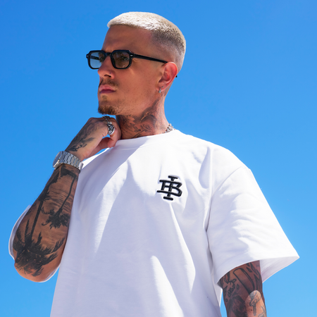 Bee Inspired Guedes Oversized T-Shirt in White/Black, heavyweight cotton oversized tee with a ribbed crew neck, close-up