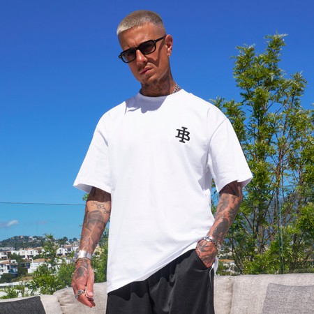 Bee Inspired Guedes Oversized T-Shirt in White/Black, heavyweight cotton oversized tee with a ribbed crew neck, front view