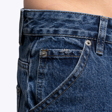 Bee Inspired Gueye Denim Short in Mid Blue, relaxed fit denim shorts with a carpenter pocket and belt loops, alternate angle