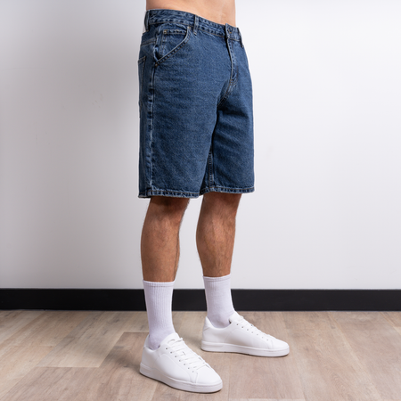 Bee Inspired Gueye Denim Short in Mid Blue, relaxed fit denim shorts with a carpenter pocket and belt loops, front view