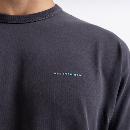 Bee Inspired Hallberg T-Shirt in Charcoal/Turquoise, relaxed fit tee with a graphic print, back view