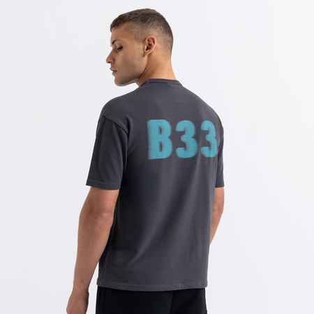 Bee Inspired Hallberg T-Shirt in Charcoal/Turquoise, relaxed fit tee with a graphic print, styled shot