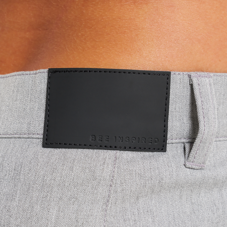 Bee Inspired Halle Chino in Grey, slim fit tapered chinos with a faux leather waist patch, back view