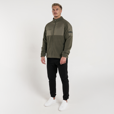 Bee Inspired Hart Zip Through in Khaki, relaxed fit zip-through fleece with cut and sew panelling, styled shot