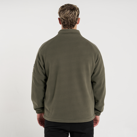Bee Inspired Hart Zip Through in Khaki, relaxed fit zip-through fleece with cut and sew panelling, styled shot