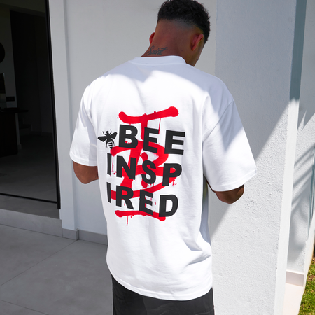 Bee Inspired Inzaghi Oversized T-Shirt in White/Red, oversized tee with graffiti-style BI branding on chest and back