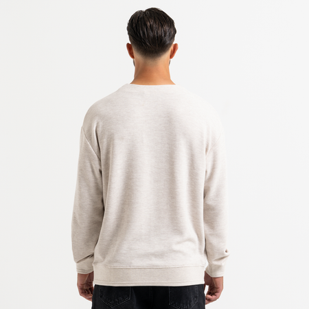 Bee Inspired Lavia Crew in Oatmeal Marl, relaxed fit crew sweatshirt with an overlap collar, close-up