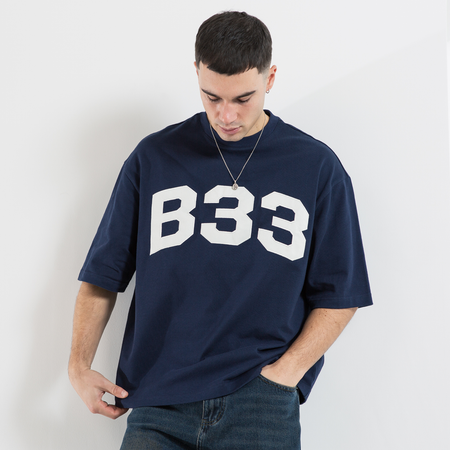 Bee Inspired Figo T-Shirt in Navy, heavyweight cotton tee with a large twill fabric appliqu\u00e9, front view