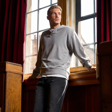 Bee Inspired Lavia Crew in Light Grey Marl, relaxed fit crew sweatshirt with an overlap collar, styled lifestyle shot