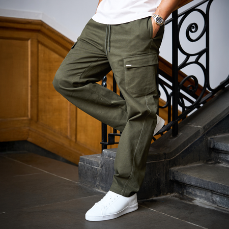 Bee Inspired Verdi Cargo Pant in Khaki, relaxed fit carpenter-style cargo trousers with a drawcord waistband