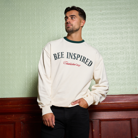 Bee Inspired Willock Crew in Off-White, relaxed fit crew sweatshirt with a collegiate look, styled lifestyle shot