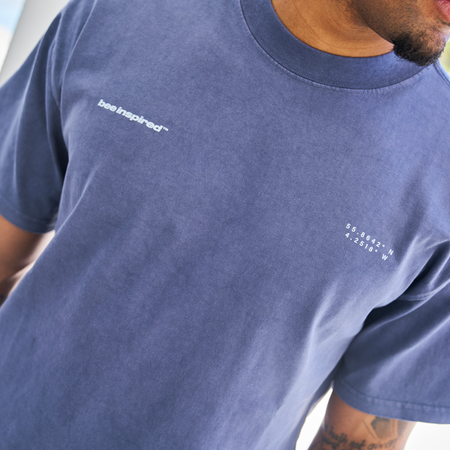 Bee Inspired Mata Oversized T-Shirt in Faded Indigo, oversized tee with a bold rear graphic print, alternate angle