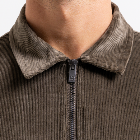 Bee Inspired Milner Cord Jacket in Olive, cord jacket with a 2-way zip and embroidered script branding, close-up