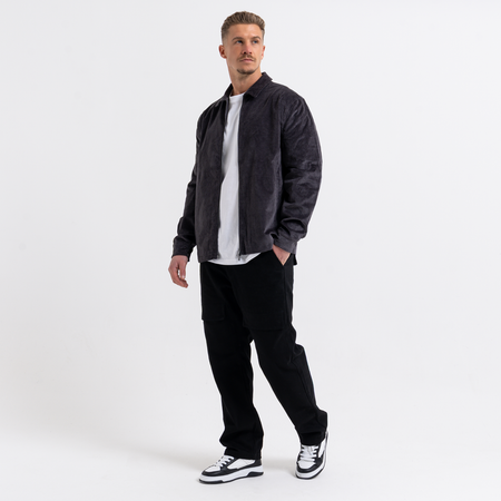 Bee Inspired Milner Cord Jacket in Gunmetal, cord jacket with a 2-way zip and embroidered script branding, styled shot