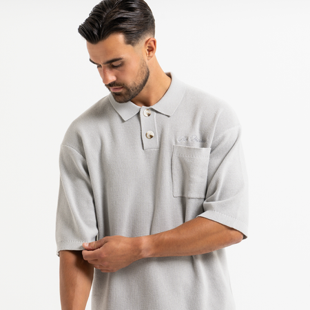 Bee Inspired Nazario Polo in Light Grey, premium knit polo with subtle embroidered detailing, front view