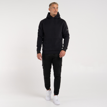 Bee Inspired Neto Overhead Hoodie in Black, slim fit hoodie in soft peached brushback fabric, styled shot
