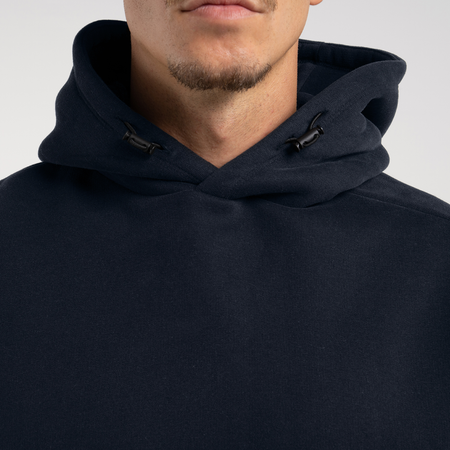 Bee Inspired Neto Overhead Hoodie in Dark Navy, slim fit hoodie in soft peached brushback fabric, close-up