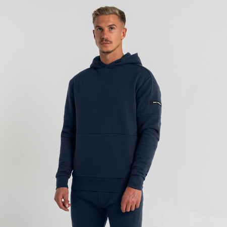 Bee Inspired Neto Overhead Hoodie in Dark Navy, slim fit hoodie in soft peached brushback fabric, front view