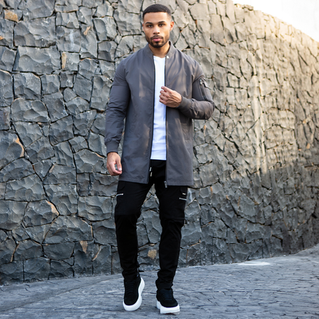Bee Inspired Neves Longline Bomber Jacket in Zinc, longline bomber jacket with a baseball style neckline and zip front