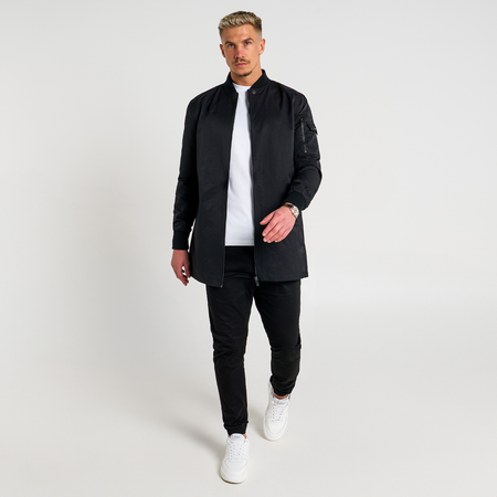 Bee Inspired Neves Longline Bomber Jacket in Black, longline bomber jacket with a baseball style neckline and zip front