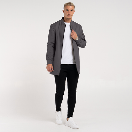 Bee Inspired Neves Longline Bomber Jacket in Zinc, longline bomber jacket with a baseball style neckline and zip front