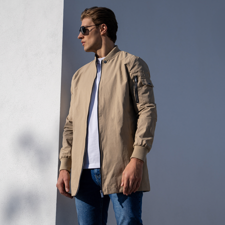 Bee Inspired Neves Longline Bomber Jacket in Sand, longline bomber jacket with a baseball style neckline and zip front