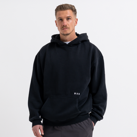 Bee Inspired Initial Hoodie in Black, relaxed fit hoodie, part of the B33 Foundations range, front view