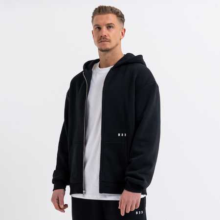 Bee Inspired Initial Zip Hoodie in Black, relaxed fit zip hoodie, part of the B33 Foundations range, close-up