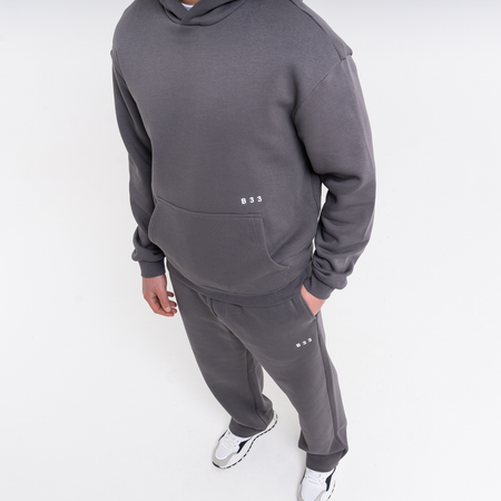 Bee Inspired Initial Jogpant in Magnet, relaxed fit jogpants, part of the B33 Foundations range, close-up
