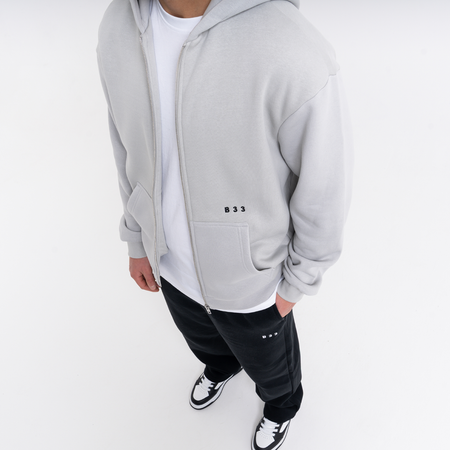 Bee Inspired Initial Zip Hoodie in Light Grey, relaxed fit zip hoodie, part of the B33 Foundations range, back view