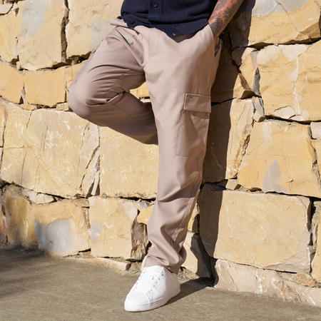 Bee Inspired Onana Cargo Pants in Taupe, regular fit cargo trousers in a lightweight fabric with utility pockets, front view