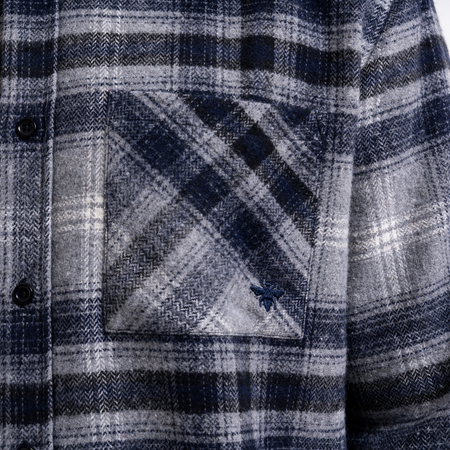 Bee Inspired Fernandez Shirt in Grey/Navy Check, brushed check overshirt with two chest pockets and an embroidered bee detail
