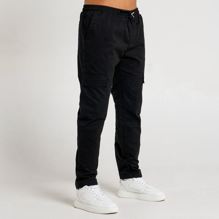 Parkes Cargo Pant in black with an elasticated drawcord waistband
