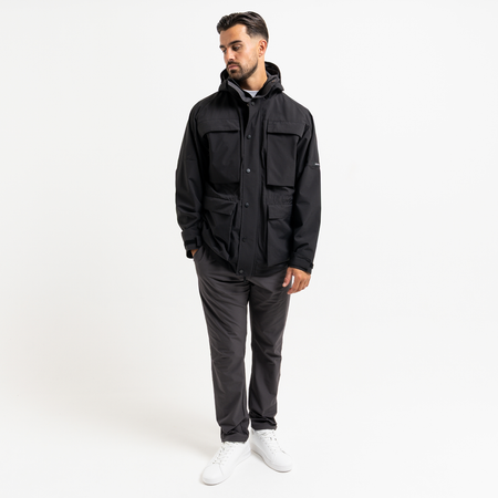 Bee Inspired Pellegrini Jacket in Black, multi-pocket jacket with a hood that packs away, styled shot